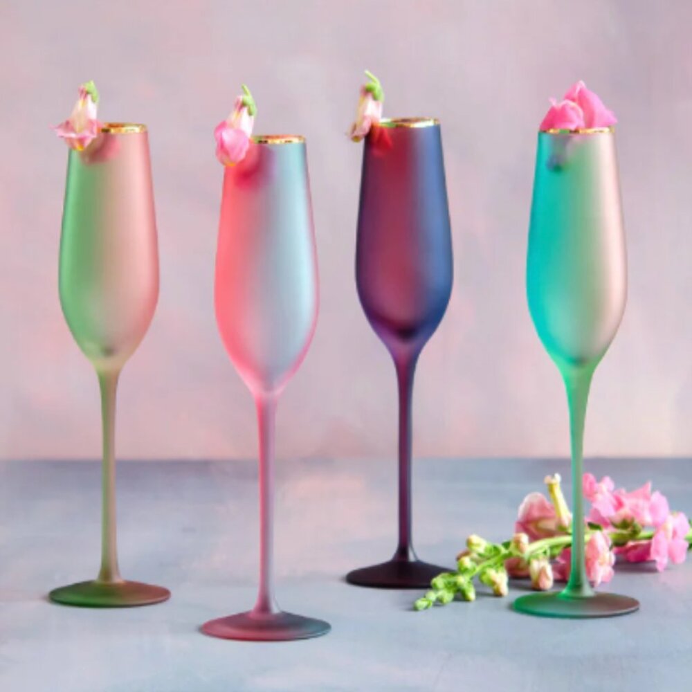 Set/4 Frosted Rainbow Champagne Flutes